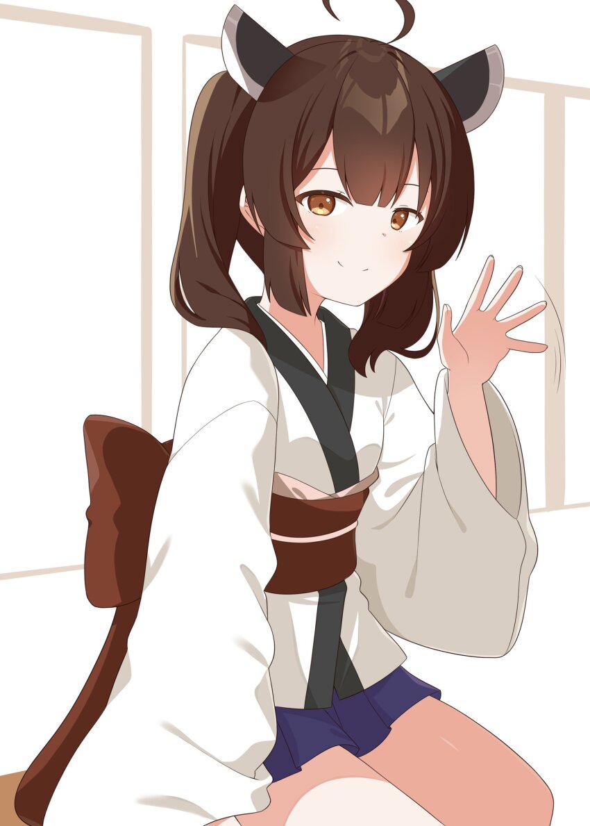 1girl ahoge blue_skirt blunt_bangs brown_eyes brown_hair brown_sash chaakusu closed_mouth commentary_request hair_between_eyes half-closed_eye hand_up headgear highres japanese_clothes kimono looking_at_viewer medium_hair miniskirt obi obiage obijime pleated_skirt sash sitting skirt smile solo three_quarter_view touhoku_kiritan twintails variant_set voiceroid waving white_background white_kimono wide_sleeves