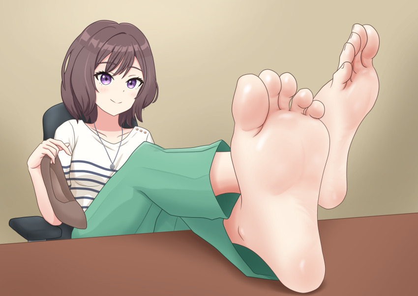1girl barefoot brown_hair feet feet_on_table flickmann_ss gakuen_idolmaster highres idolmaster light_blush looking_at_viewer medium_hair neo_asari purple_eyes shoes single_shoe smile soles toes unworn_shoes