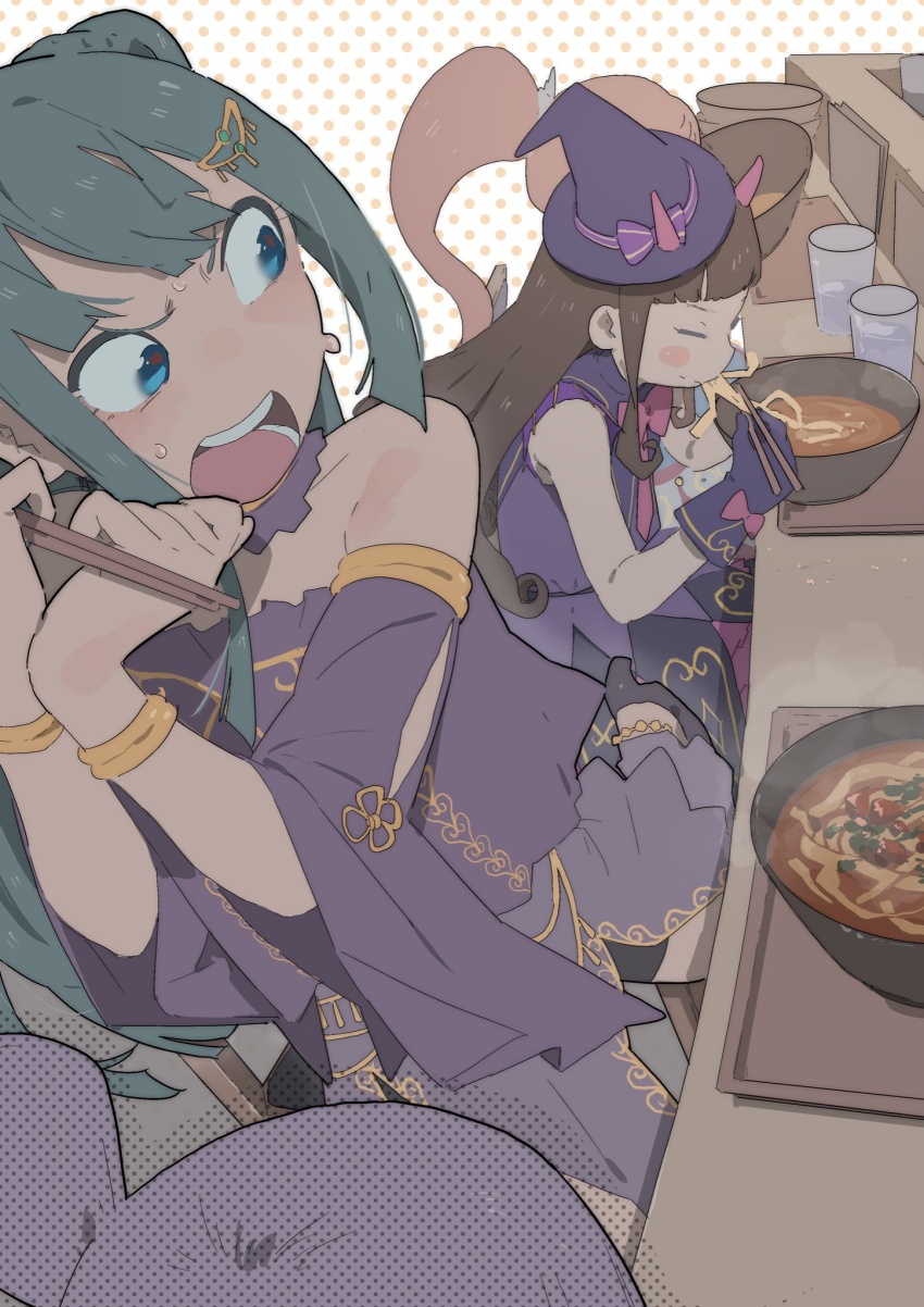 4girls blue_eyes blunt_bangs blush bow bracelet brown_hair chopsticks commentary_request counter cup curry_udon demon_horns disgust dress drinking_glass eating food furrowed_brow gloves green_hair hat hat_bow highres holding holding_chopsticks horns jewelry kemura_(puripurinea) kurosu_aroma long_hair looking_at_another looking_back manaka_non mini_hat mini_witch_hat multiple_girls noodles open_mouth pink_ribbon ponytail pretty_series pripara purple_bow purple_dress purple_gloves purple_hair purple_sleeves ribbon shiratama_mikan sitting sleeveless sleeveless_dress slurping standing steam sweatdrop tray tsukikawa_chili udon witch_hat