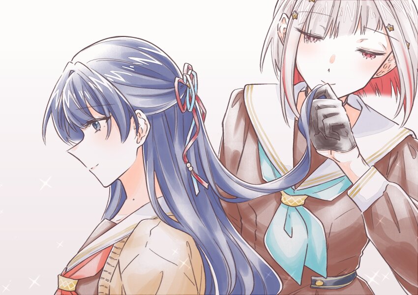 2girls black_choker black_gloves blue_eyes blue_hair blue_neckerchief blue_ribbon bob_cut brown_cardigan brown_dress cardigan choker closed_mouth collarbone colored_inner_hair commentary_request diagonal_bangs dollchestra dress gloves grey_hair hair_ornament hair_ribbon half-closed_eyes half_gloves half_updo hasu_no_sora_school_uniform highres holding_another&#039;s_hair inverted_bob korean_commentary link!_like!_love_live! long_hair long_sleeves love_live! mole mole_on_neck multicolored_hair multiple_girls murano_sayaka neckerchief open_cardigan open_clothes pleated_dress profile red_eyes red_hair red_ribbon ribbon sailor_collar sailor_dress school_uniform short_hair simple_background smelling smelling_hair smile split_mouth star_(symbol) star_hair_ornament streaked_hair upper_body virtual_youtuber w0nderlilyl4nd white_background white_sailor_collar winter_uniform yugiri_tsuzuri yuri