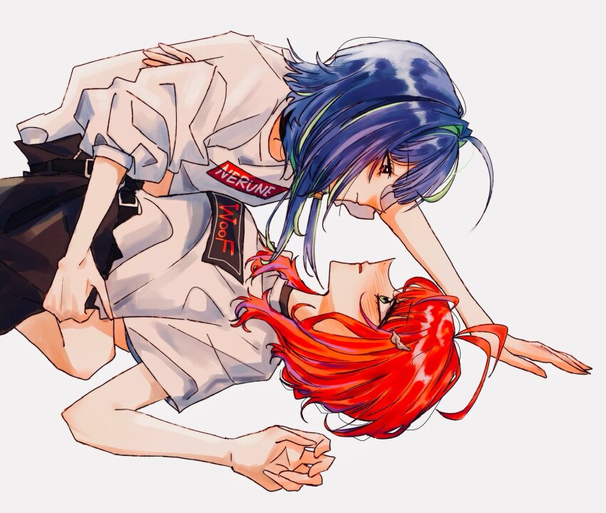 2girls akane_canna akane_canna_(2nd_costume) amaotome black_shorts black_skirt blue_hair closed_mouth green_eyes green_hair hair_intakes highres long_sleeves looking_at_another medium_hair multicolored_hair multiple_girls nanashi_inc. pink_eyes purple_hair red_hair shirt short_hair short_sleeves shorts simple_background skirt smile streaked_hair suzumi_nemo suzumi_nemo_(2nd_costume) two-tone_hair upper_body virtual_youtuber white_background white_shirt yuri