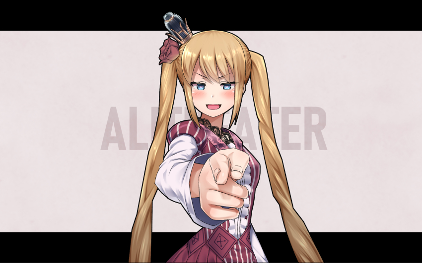 1girl alicia_stringer blonde_hair blue_eyes blush crown female_focus flower foreshortening hair_flower hair_ornament heart heart-shaped_pupils highres long_hair looking_at_viewer mini_crown open_mouth pointing pointing_at_viewer shinkukan_dolls smile solo symbol-shaped_pupils twintails vacuum_tube very_long_hair virtual_youtuber youtube