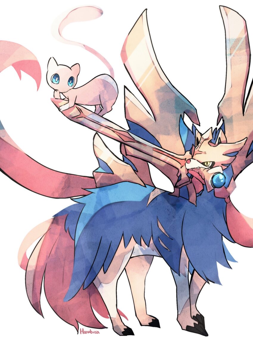 animal_focus artist_name blue_eyes colored_skin gen_1_pokemon gen_8_pokemon hanabusaoekaki highres holding holding_sword holding_weapon legendary_pokemon mew_(pokemon) mythical_pokemon nintendo no_humans pink_skin pokemon pokemon_(creature) sword tail weapon white_background wolf yellow_eyes zacian zacian_(crowned)