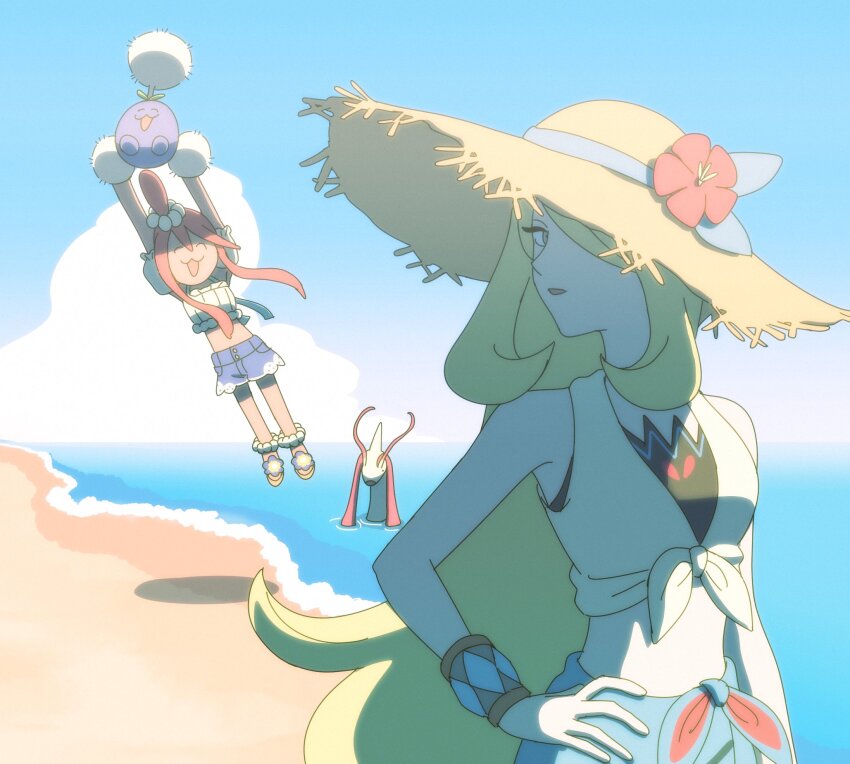 2girls :3 beach blonde_hair blue_sky cynthia_(pokemon) cynthia_(summer_2025)_(pokemon) denim denim_shorts feiyang02 flower gen_2_pokemon gen_3_pokemon hair_over_one_eye hand_on_own_hip hat hat_flower highres jumpluff looking_at_viewer milotic multiple_girls nintendo official_alternate_costume outdoors pokemon pokemon_(creature) pokemon_masters_ex red_hair shirt shorts sky skyla_(pokemon) skyla_(summer_2025)_(pokemon) straw_hat sun_hat tied_shirt