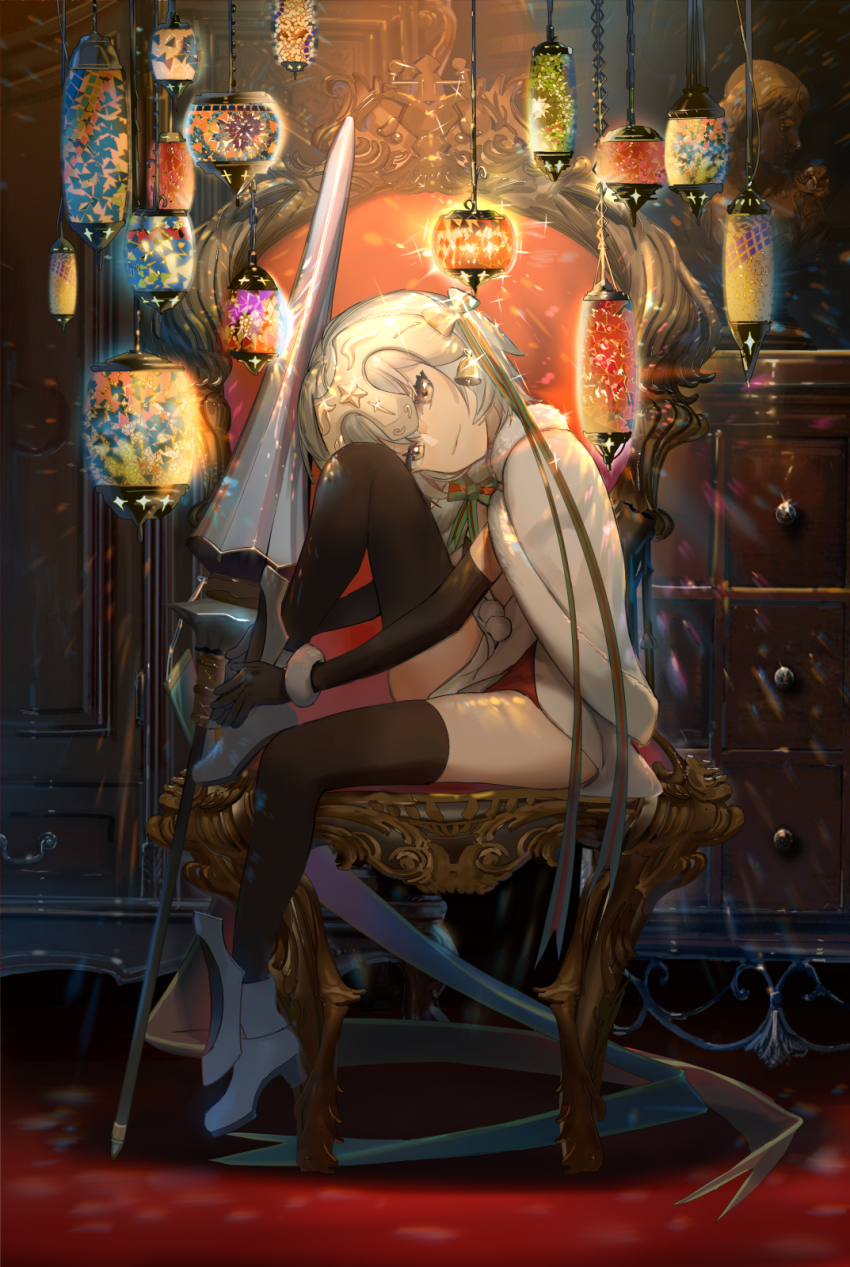1girl ashorz bell black_gloves black_thighhighs bow capelet chair chinese_commentary closed_mouth commentary elbow_gloves fate/grand_order fate_(series) from_side full_body fur-trimmed_capelet fur_trim gloves green_bow green_ribbon grey_eyes grey_hair headpiece high_heels highres indoors jeanne_d&#039;arc_(fate) jeanne_d&#039;arc_alter_santa_lily_(fate) leg_up looking_at_viewer medium_hair polearm red_bow red_ribbon ribbon sitting sitting_on_object sitting_sideways solo striped_bow striped_ribbon thighhighs weapon white_capelet white_footwear
