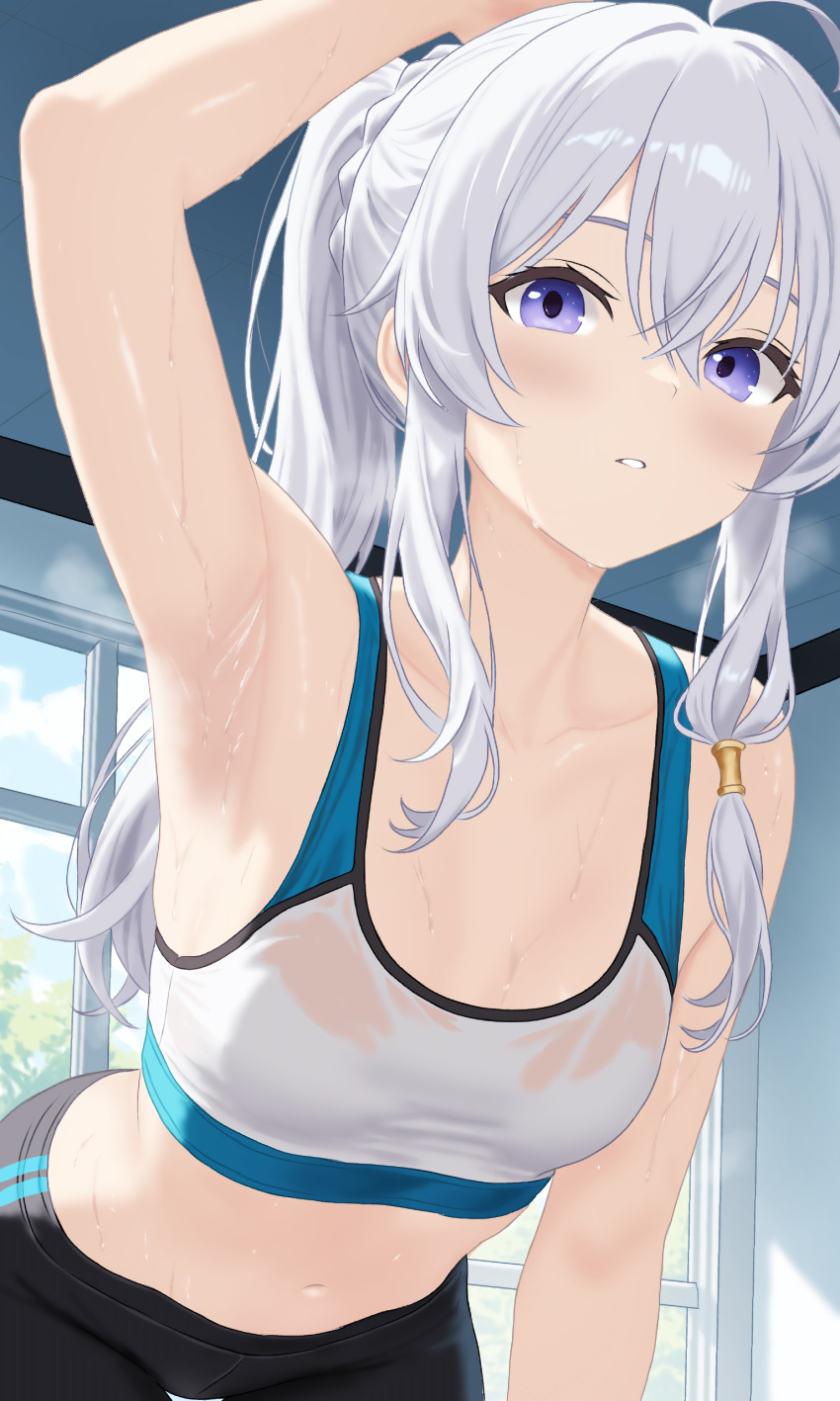 1girl absurdres ahoge arm_at_side arm_up armpits black_pants blue_sky blush breasts ceiling cloud collarbone commentary cowboy_shot crossed_bangs day double-parted_bangs elaina_(majo_no_tabitabi) english_commentary gym hair_between_eyes hair_ornament hair_rings hair_scrunchie highres indoors leaning_forward lewd_chan long_bangs long_hair long_sidelocks looking_at_viewer majo_no_tabitabi medium_breasts navel pants parted_lips ponytail purple_eyes scrunchie sidelocks single_hair_ring sky solo sports_bra standing steam steaming_body stomach sunlight sweat sweaty_clothes tile_ceiling tiles tree variant_set white_hair white_scrunchie white_sports_bra window window_shadow yoga_pants