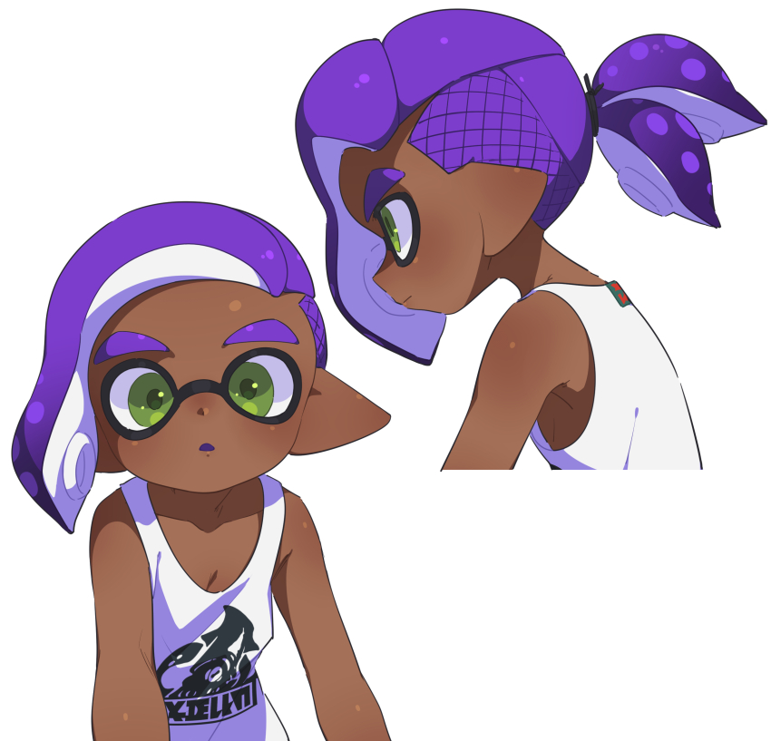 1boy absurdres colored_tongue dark-skinned_male dark_skin green_eyes highres inkling inkling_boy inkling_player_character looking_at_viewer male_focus medium_hair multiple_views nintendo parted_bangs parted_lips pointy_ears ponytail profile purple_hair purple_tongue simple_background splatoon_(series) surume01417 tank_top tentacle_hair thick_eyebrows white_background white_tank_top