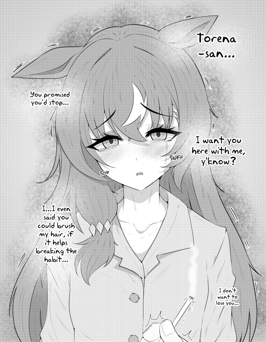 1girl absurdres alternate_costume animal_ears blush breasts collarbone commentary_request crying crying_with_eyes_open english_text hair_between_eyes hair_ornament highres horse_ears horse_girl long_hair mayoa monochrome open_mouth pajamas pov pov_hands sad shaking small_breasts smoking solo still_in_love_(umamusume) streaming_tears tears umamusume