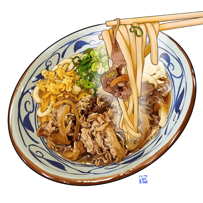 artist_logo beef bowl chopsticks commentary english_commentary food food_focus logo meat no_humans noodles original simple_background softboiled_egg spring_onion still_life studiolg tempura udon white_background