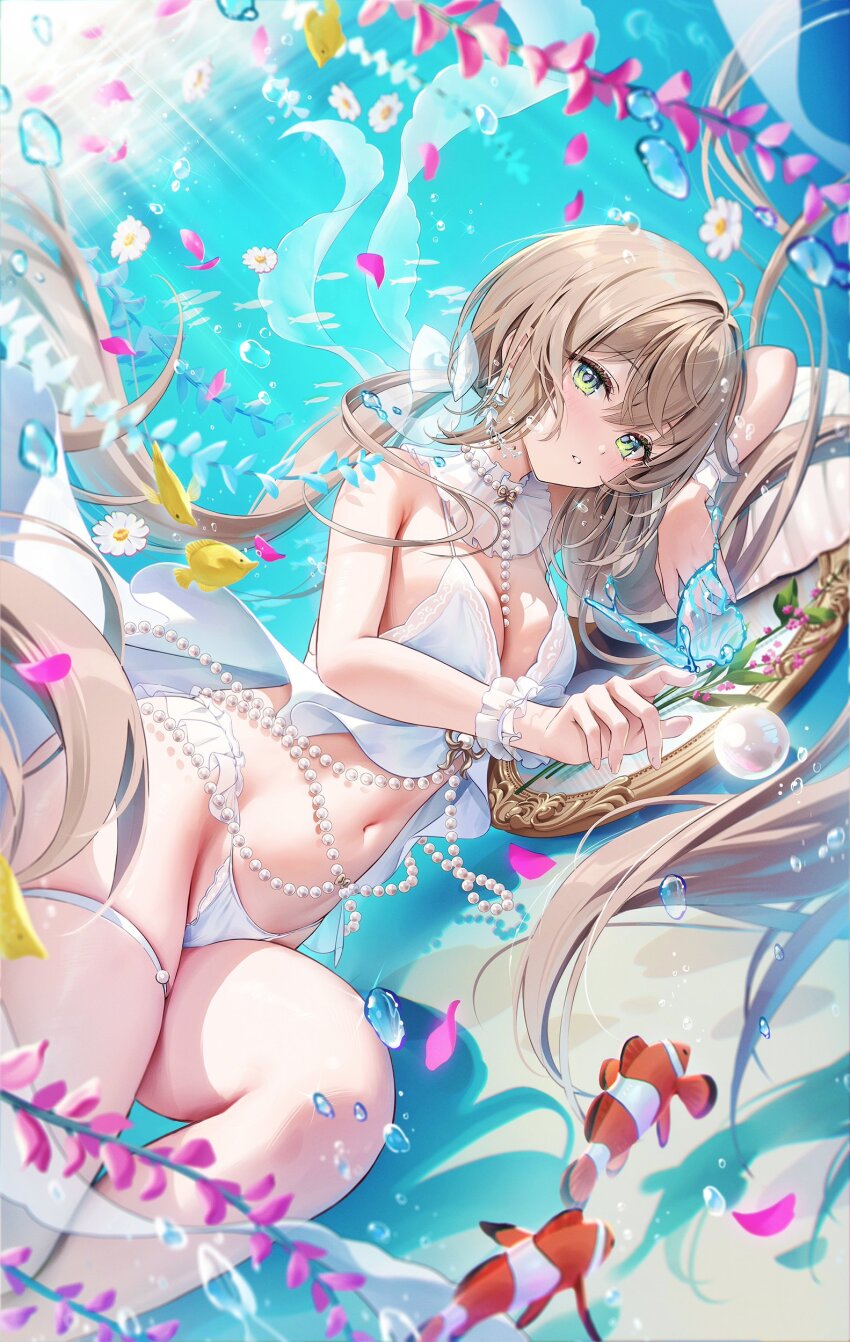1girl absurdres babydoll blush breasts bubble bug butterfly cleavage clownfish commentary_request cowboy_shot detached_collar falling_petals fish gem green_eyes highres houkisei insect jewelry light_brown_hair long_hair looking_at_viewer lying medium_breasts momoko_(houkisei) navel necklace on_side original panties parted_lips pearl_(gemstone) pearl_necklace petals solo thigh_strap twintails underwater underwear very_long_hair white_babydoll white_panties wrist_cuffs