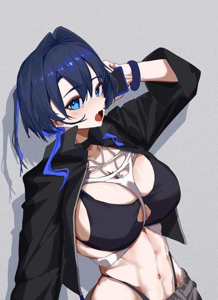 1girl absurdres bikini black_bikini black_hair black_jacket blue_eyes blue_hair breasts cellphone grey_background highres holding holding_phone hololive hololive_english jacket koizumi_arata large_breasts multicolored_hair navel open_mouth ouro_kronii phone smartphone solo swimsuit two-tone_hair virtual_youtuber