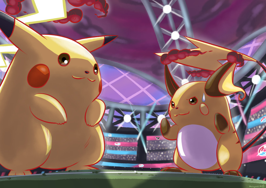 absurdres brown_eyes closed_mouth commentary_request dynamax eye_contact gen_1_pokemon gigantamax gigantamax_(other) gigantamax_pikachu highres light looking_at_another nintendo pikachu pokemon pokemon_(creature) raichu shadow stadium standing sweat watagashikn