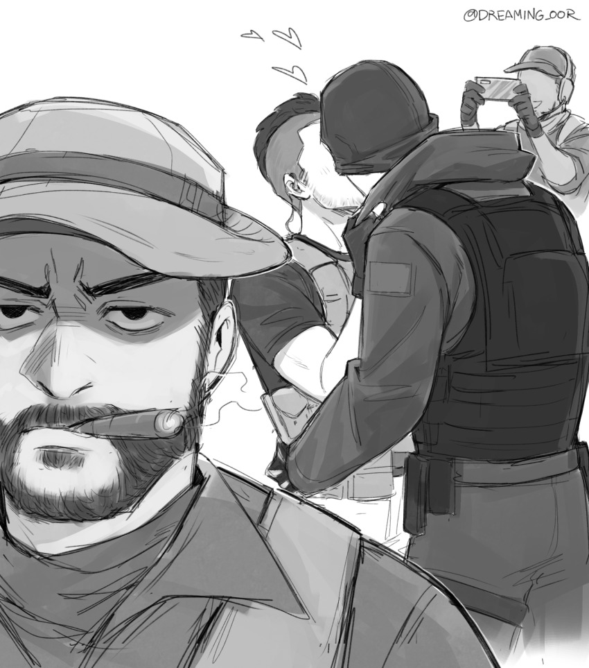 4boys baseball_cap beard blush bulletproof_vest call_of_duty call_of_duty:_modern_warfare_2 captain_price cigar commentary couple dreaming_oor english_commentary facial_hair fingerless_gloves gaz_(call_of_duty_4) ghost_(modern_warfare_2) gloves greyscale hat highres holding holding_phone hood hood_down hooded_jacket jacket kiss male_focus mask mask_lift monochrome multiple_boys pants phone shirt short_hair smile soap_(modern_warfare_2) taking_picture twitter_username yaoi