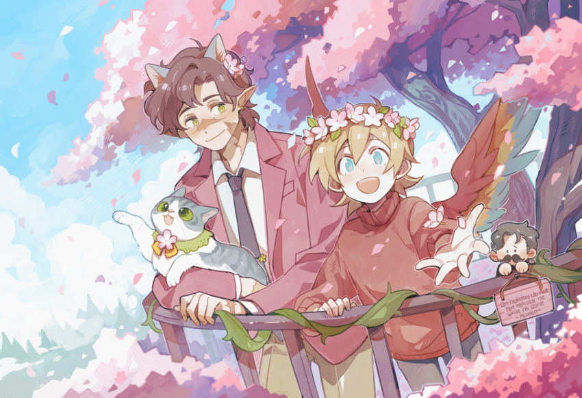3boys animal_ears bird_boy bird_wings cat cat_boy cat_ears cherry_blossoms extra_ears formal_clothes goodtimeswithscar goodtimeswithscar_(scarland) green_eyes grian_(youtuber) head_wreath hermitcraft highres jacket jellie_(hermitcraft) luminous_slime male_focus minecraft minecraft_youtube multiple_boys mumbo_jumbo_(youtuber) necktie outdoors petals pointy_ears sign suit tree wings