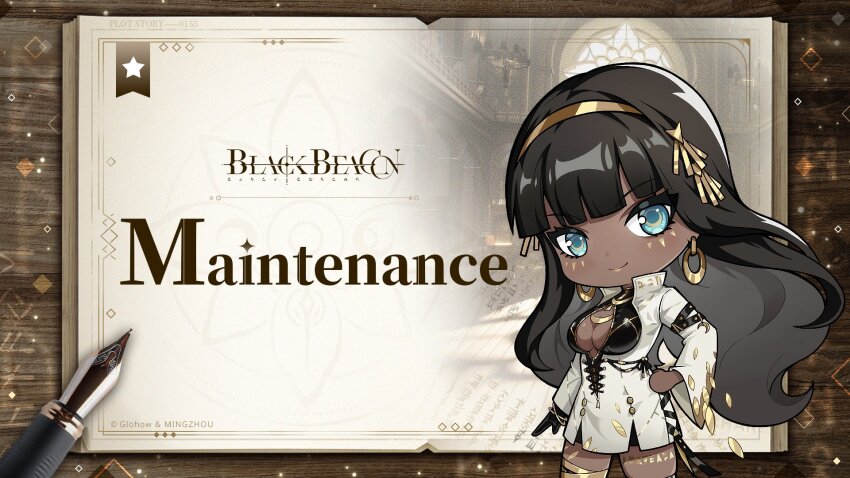 1girl arm_strap black_beacon black_gloves black_hair bodysuit bodysuit_under_clothes bracelet breasts chibi cleavage cleavage_cutout closed_eyes clothing_cutout collared_jacket dark-skinned_female dark_skin earrings eyebrows_hidden_by_hair eyelashes facepaint gloves gold gold_bracelet gold_earrings gold_hairband gold_lips gold_trim hair_ornament hairband highres hime_cut hoop_earrings jacket jewelry landscape large_breasts lipstick long_hair long_sleeves makeup nanna_(black_beacon) necklace official_art open_mouth outstretched_arms single_glove thigh_strap thighs very_long_hair white_jacket wide_sleeves