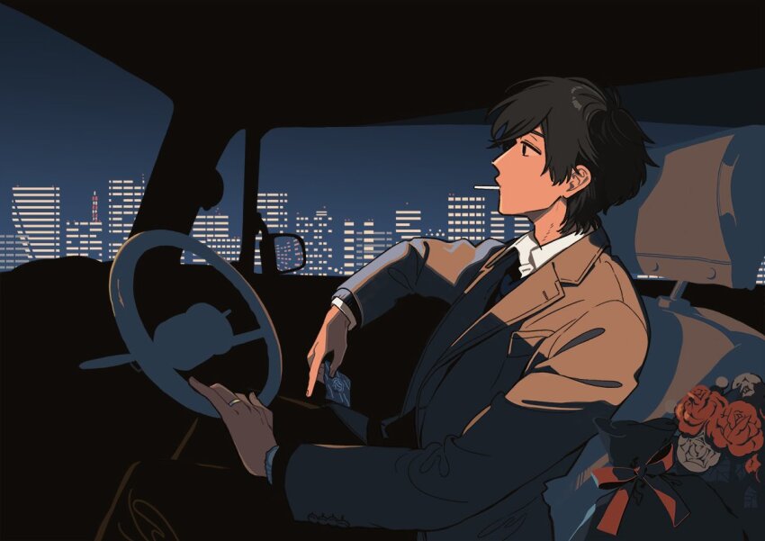 1boy black_eyes black_hair bouquet brown_suit candy candy_wrapper car_interior city_lights driving flower food formal_clothes gift_bag holding jewelry keishin lollipop male_focus night night_sky original red_flower red_rose ring rose short_hair sitting sky solo suit white_flower white_rose