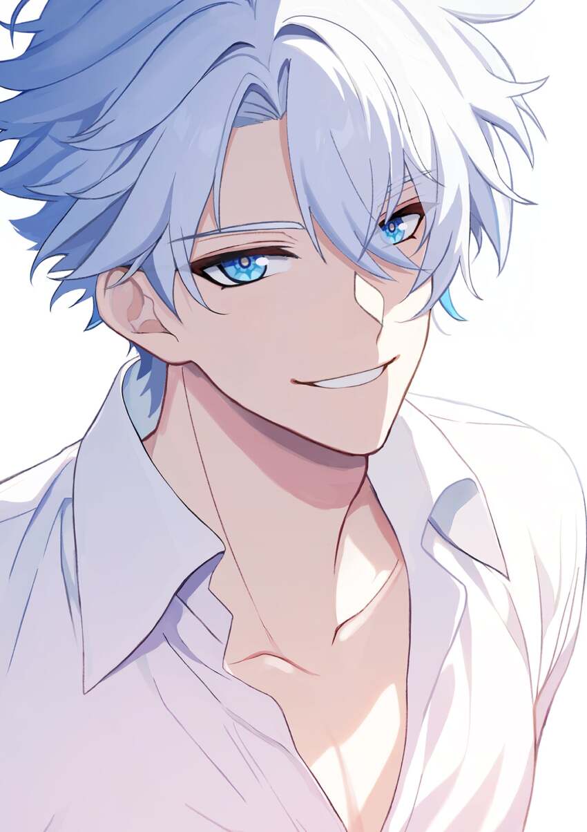 1boy blue_eyes collarbone collared_shirt hashtag-only_commentary highres honkai:_star_rail honkai_(series) looking_at_viewer male_focus michowow parted_bangs pectoral_cleavage pectorals phainon_(honkai:_star_rail) shirt short_hair simple_background smile solo upper_body white_background white_hair white_shirt