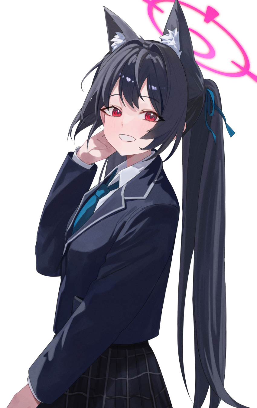 1girl :d absurdres animal_ear_fluff animal_ears black_jacket black_skirt blue_archive blue_necktie blue_ribbon blush cat_ears cat_girl collared_shirt commentary danyun_03 extra_ears film_grain grin hair_between_eyes hair_intakes hair_ribbon halo hand_up happy highres jacket long_hair long_sleeves looking_at_viewer necktie open_mouth pink_halo plaid_clothes plaid_skirt pleated_skirt red_eyes ribbon school_uniform serika_(blue_archive) shirt simple_background skirt smile solo straight_hair tsurime twintails very_long_hair white_background white_shirt