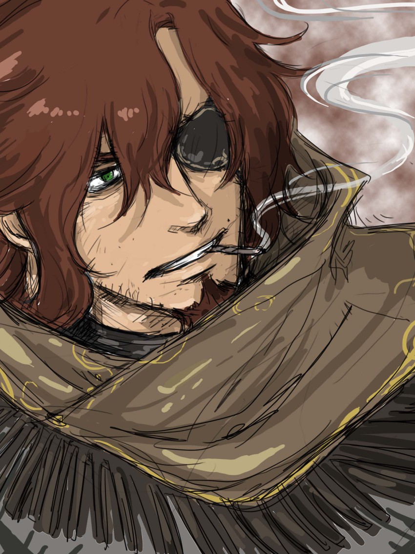 00s 1boy absurdres ali_al-saachez bad_id bad_pixiv_id brown_hair chakki cigarette eyepatch gradient_background green_eyes gundam gundam_00 highres male_focus smoking solo tyakki