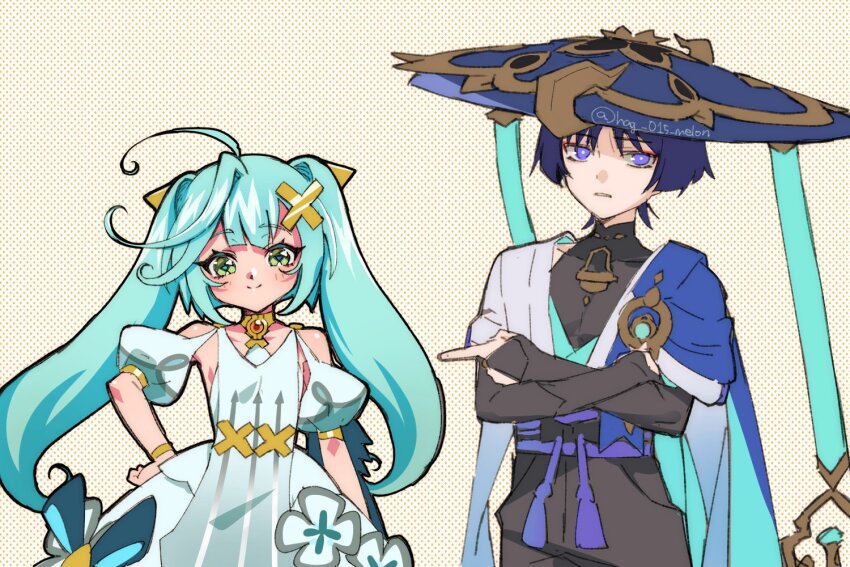 1boy 1girl ahoge aqua_cape aqua_dress aqua_gemstone aqua_hair aqua_kimono arm_at_side armlet armor arrow_(symbol) arrow_print bare_shoulders black_bodysuit black_bow black_bridal_gauntlets black_shorts blue_cape blue_hat blunt_bangs blunt_ends bodysuit bow bracelet bridal_gauntlets bright_pupils cape clenched_hand closed_mouth clothing_cutout covered_collarbone cowlick dress eyeliner eyeshadow faruzan_(genshin_impact) flower_ornament furisode gem genshin_impact gold hag_(hag_015) hair_ornament han&#039;eri hand_on_own_hip hat japanese_armor japanese_clothes jewelry jingasa kimono kote kurokote layered_kimono light_blush long_hair looking_at_viewer makeup mandarin_collar neck_ring open_clothes open_kimono pale_skin parted_lips partially_shaded_face pointing pointing_at_another puffy_sleeves purple_eyes purple_hair purple_sash raised_eyebrows red_eyeliner red_eyeshadow retro_artstyle sash scaramouche_(genshin_impact) short_sleeves shorts shoulder_cutout shoulder_peek sidelocks simple_background smile tassel tilted_headwear twintails twitter_username vision_(genshin_impact) wanderer_(genshin_impact) white_kimono white_mouth white_pupils white_sleeves x_hair_ornament