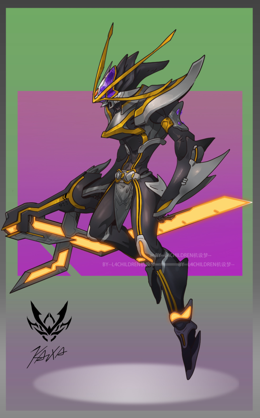 1boy armor artist_name belt bodysuit border character_name claws dated full_body gloves glowing glowing_eyes helmet highres holding holding_sword holding_weapon horns kaixa_blaygun kamen_rider kamen_rider_555 kamen_rider_kaixa looking_at_viewer male_focus mecha monsterification no_humans open_mouth purple_eyes rcj robot science_fiction signature solo sword teeth weapon
