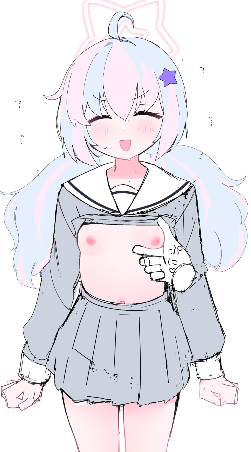 1girl absurdres ahoge blue_archive blue_hair blush breasts closed_eyes facing_viewer flat_chest grey_serafuku grey_skirt grey_sleeves hair_ornament halo highres jacket light_blush loli long_hair long_sleeves low_twintails multicolored_hair navel nipples nude open_mouth pink_hair pink_halo pleated_skirt reisa_(blue_archive) rusmaamhi sailor_collar school_uniform serafuku simple_background skirt small_breasts smile sound_effects star_(symbol) star_hair_ornament star_halo sweat twintails white_background white_sailor_collar