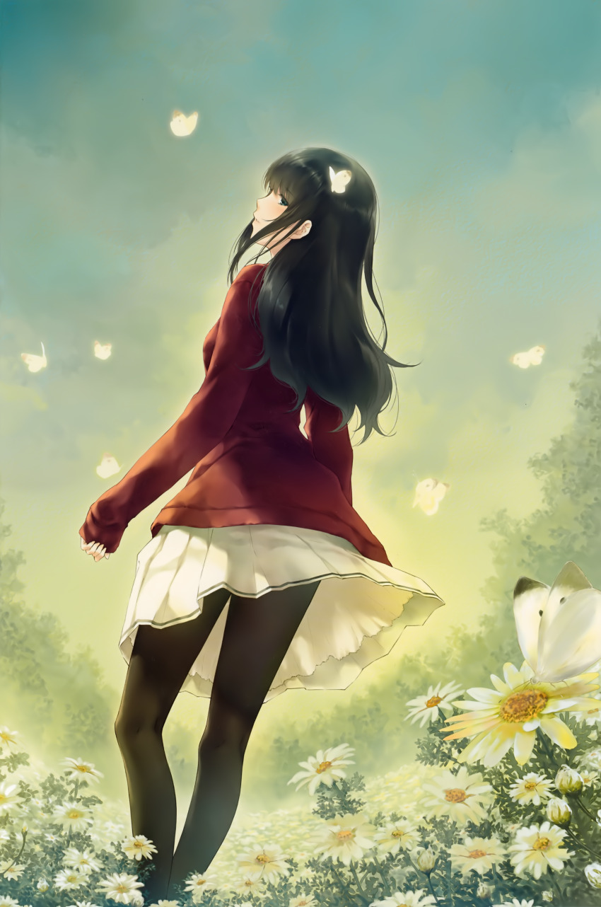 1girl absurdres black_hair blue_eyes bug butterfly daisy_(flower) field flower flower_field highres innocent_grey insect kara_no_shoujo_2 kuchiki_touko long_hair looking_at_viewer looking_back official_art pantyhose red_sweater scan school_uniform skirt sky solo sugina_miki sweater tree white_butterfly white_flower white_skirt wind wind_lift