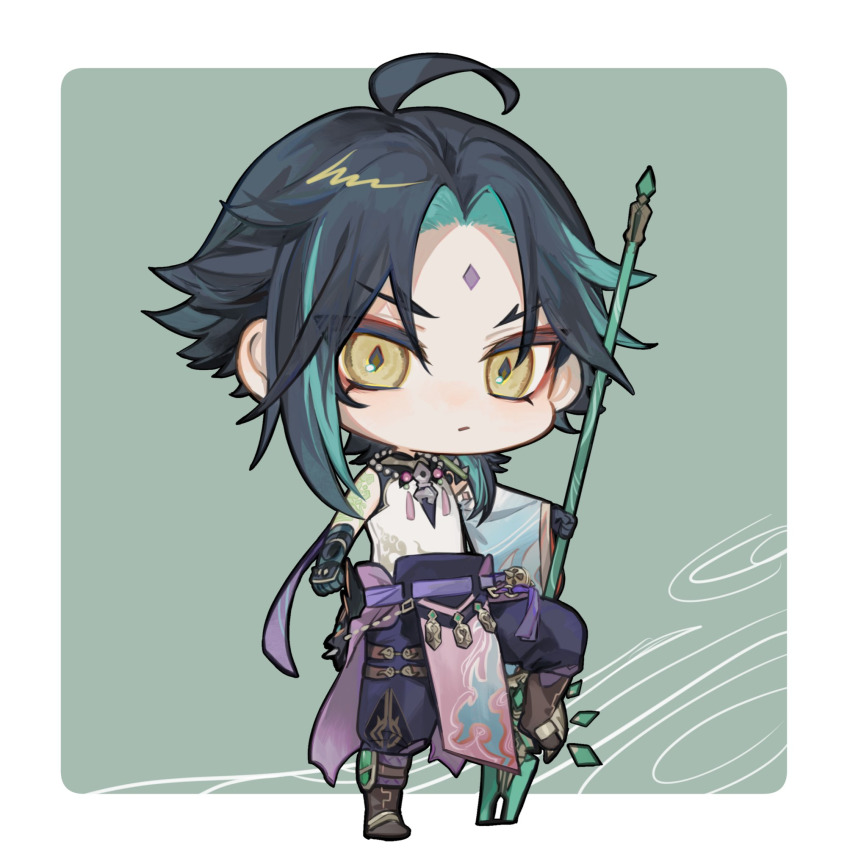 1boy ahoge arm_tattoo bead_necklace beads black_hair chibi closed_mouth commentary_request eyeshadow facial_mark forehead_mark full_body genshin_impact gloves green_hair highres holding holding_polearm holding_weapon jewelry looking_at_viewer makeup male_focus multicolored_hair necklace polearm primordial_jade_winged-spear_(genshin_impact) red_eyeshadow simple_background solo spear tattoo weapon xiao_(genshin_impact) yellow_eyes zaso