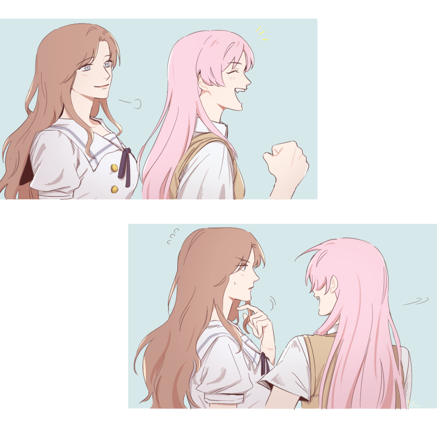 2girls bang_dream! bang_dream!_it&#039;s_mygo!!!!! blue_background blue_eyes brown_hair brown_sweater_vest chihaya_anon closed_eyes closed_mouth collared_shirt commentary_request dewlake00 dress fang flying_sweatdrops haneoka_school_uniform highres korean_commentary long_hair looking_at_another multiple_girls nagasaki_soyo open_mouth pink_hair school_uniform shirt smile sweater_vest tsukinomori_school_uniform two-tone_background white_background white_dress white_shirt