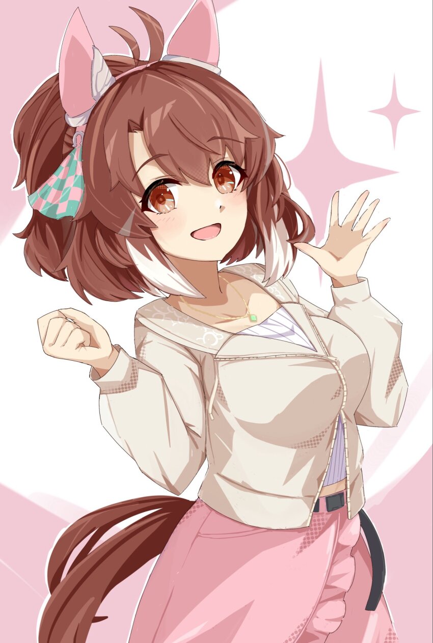 1girl ahoge animal_ears blush breasts brown_eyes brown_hair casual checkered_ribbon collarbone dantsu_flame_(casual)_(umamusume) dantsu_flame_(umamusume) ear_covers empty_gerbera hair_between_eyes hairband highres horse_ears horse_girl horse_tail jacket jewelry large_breasts long_sleeves looking_at_viewer multicolored_hair necklace open_mouth pink_hairband pink_skirt shirt skirt smile solo star_(symbol) tail umamusume white_hair white_jacket white_shirt white_streaks