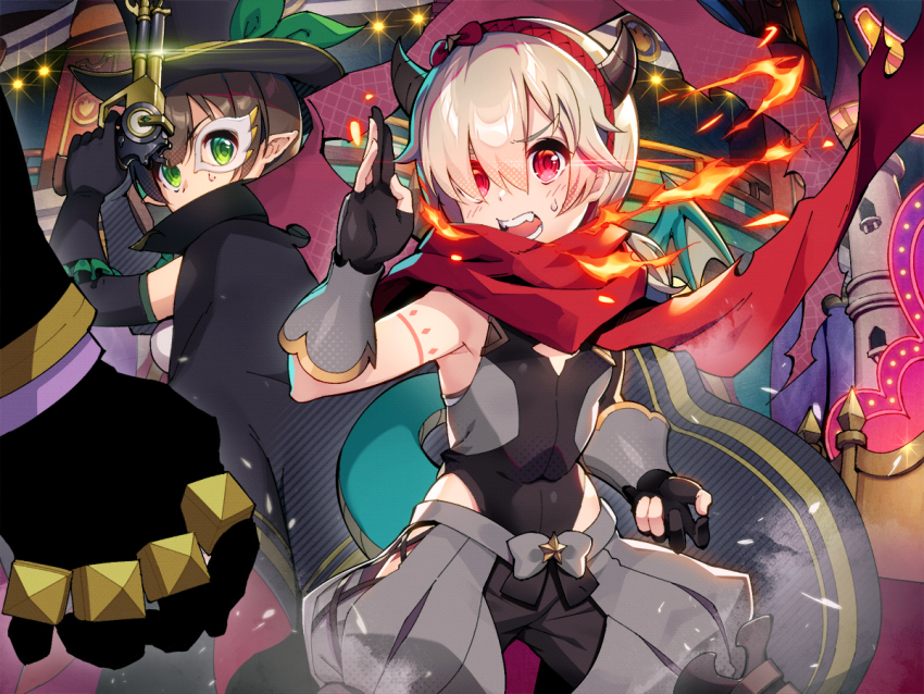 2girls ayumi_(phantom_thief)_(princess_connect!) ayumi_(princess_connect!) blonde_hair breasts brown_hair cape character_request elbow_gloves fingerless_gloves gloves green_eyes gun hat headband hip_vent horns inori_(phantom_thief)_(princess_connect!) inori_(princess_connect!) large_breasts moguru multiple_girls open_mouth princess_connect! scarf short_hair sleeveless top_hat weapon