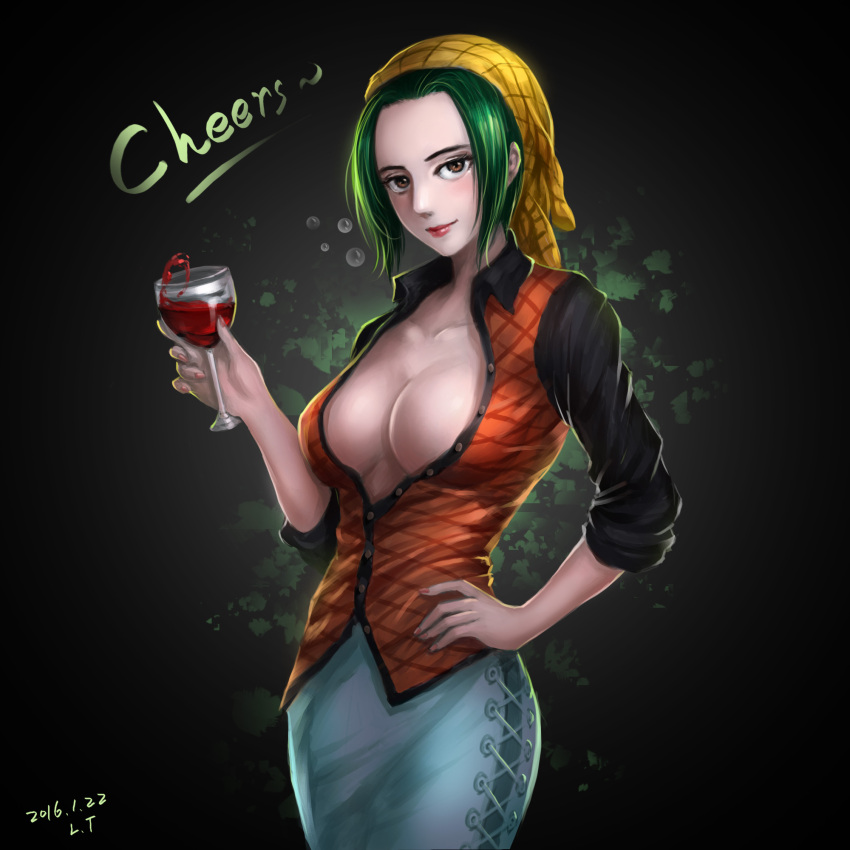 1girl 2016 alcohol blush breasts brown_eyes closed_mouth cup drinking_glass english_text glass green_hair hand_on_own_hip headscarf highres holding holding_cup large_breasts lipstick looking_at_viewer makeup makino_(one_piece) nail_polish one_piece peiluona_dejumimi red_lips red_wine short_hair signature smile solo standing wine wine_glass