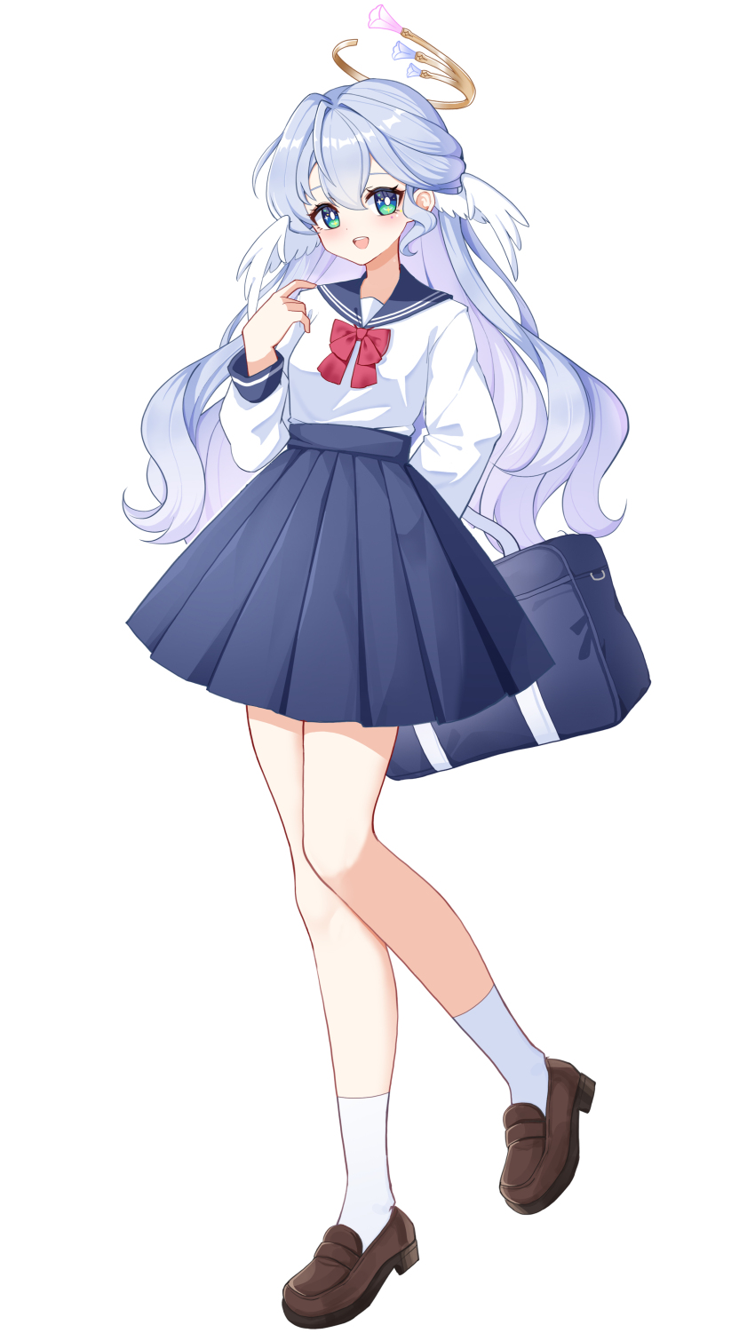 1girl absurdres alternate_costume arm_behind_back bag black_skirt blue_hair brown_shoes ff2074 full_body hair_between_eyes halo hand_up head_wings highres holding holding_bag honkai:_star_rail honkai_(series) loafers long_hair long_sleeves looking_at_viewer low_wings open_mouth robin_(honkai:_star_rail) sailor_collar school_bag school_uniform shirt shoes simple_background skirt smile socks solo standing teeth upper_teeth_only white_background white_shirt white_socks wings