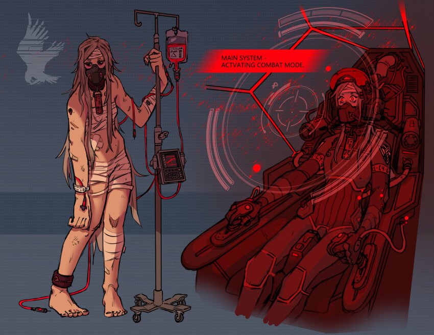 1girl 621_(armored_core_vi) armored_core armored_core_vi:_fires_of_rubicon bandaged_head bandaged_torso bandages fromsoftware genderswap genderswap_(mtf) highres mecha mecha_focus mecha_pilot_suit personification rattlegeist red_eyes robot science_fiction