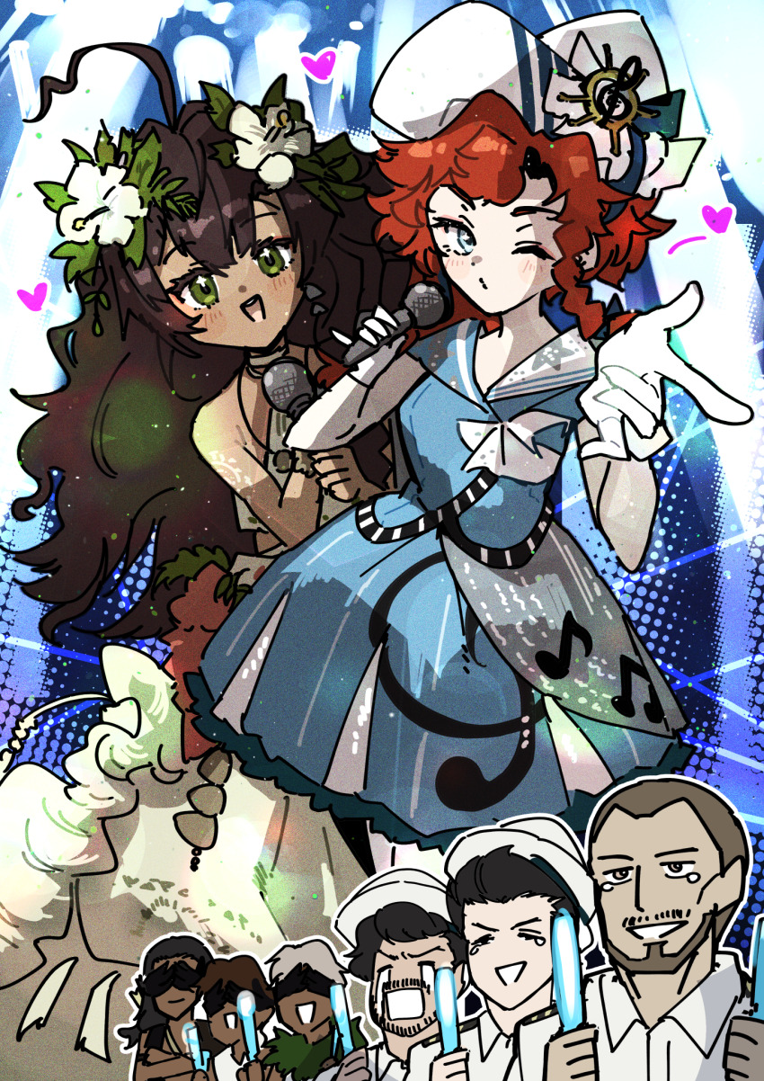 2girls 6+boys :d ahoge barcarola_(reverse:1999) blowing_kiss blue_eyes blue_shirt blue_skirt brown_hair dark-skinned_female dark-skinned_male dark_skin dixie_cup_hat fatutu flower gloves glowstick hair_flower hair_ornament hands_up hat heart hibiscus highres holding holding_glowstick holding_microphone long_braid looking_at_viewer microphone military_hat multiple_boys multiple_girls one_eye_closed open_mouth puckered_lips red_hair reverse:1999 sailor_collar shirt skirt sleeveless sleeveless_shirt smile white_gloves white_hat white_shirt white_skirt ziyunshanding