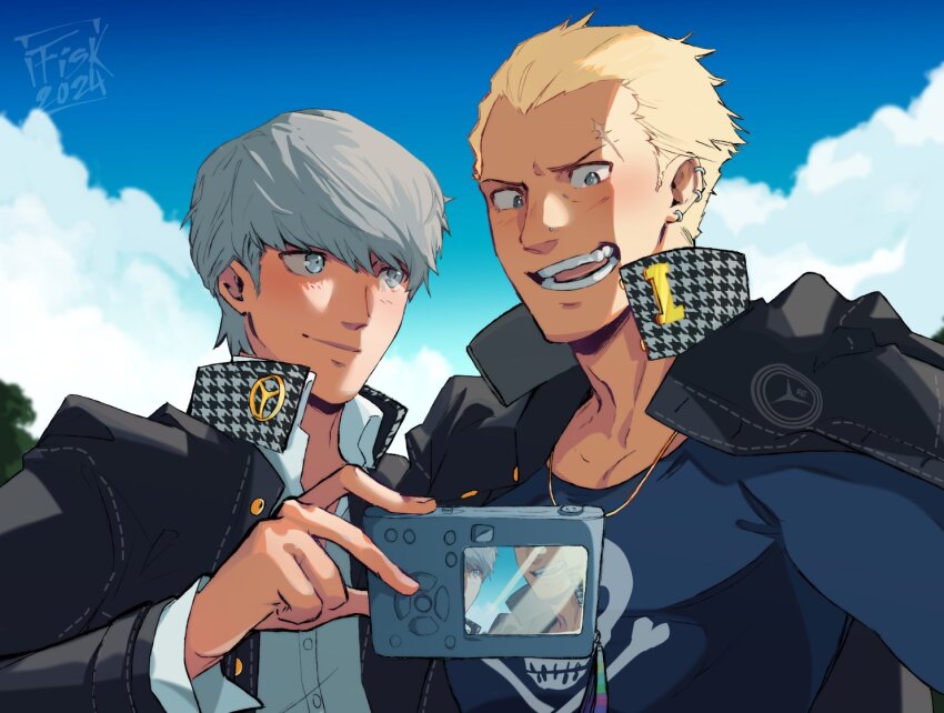 2024 2boys arm_up black_jacket blonde_hair blue_shirt buttons camera closed_mouth cloud collared_jacket collared_shirt commentary crew_neck ear_piercing earrings grey_hair hair_between_eyes hair_slicked_back holding holding_camera impetuss jacket jacket_on_shoulders jewelry layered_sleeves long_sleeves looking_at_another male_focus multiple_boys multiple_earrings narukami_yu necklace open_mouth persona persona_4 piercing scar scar_on_face scar_on_forehead school_uniform shirt short_hair side-by-side signature skull_and_crossbones skull_print sky smile symbol-only_commentary taking_picture tatsumi_kanji teeth upper_body white_shirt yasogami_school_uniform