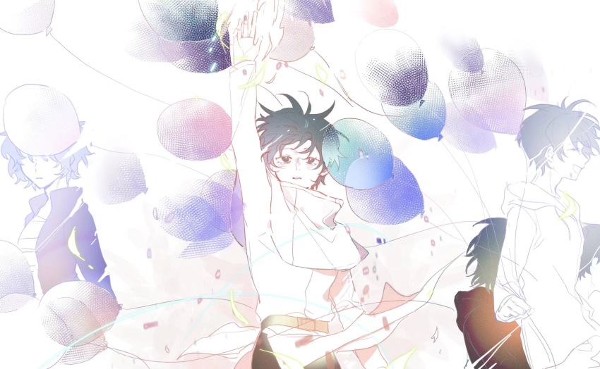 2boys 3girls arm_up balloon black_eyes black_hair black_jacket capelet chest_sarashi chinese_commentary closed_eyes commentary_request finallyending highres isoi_haruki isoi_rai isoi_reiji_(rei-kun) jacket multiple_boys multiple_girls multiple_persona open_clothes open_jacket open_mouth saibou_shinkyoku sarashi smile white_capelet
