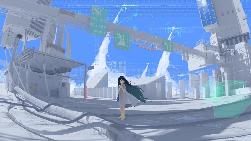 1girl airfish_(lefko_d) barefoot black_hair blue_sky building cable clear_sky commentary dress english_commentary highres industrial_pipe launching lens_flare long_hair non-circular_lens_flare original outdoors own_hands_together rocket scenery sign sky solo standing very_long_hair wide_shot
