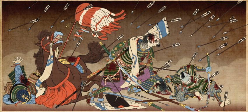 4boys armor arrow_(projectile) barefoot beard black_eyes black_hair blood blood_on_clothes border brown_border chest_armor commentary defeat english_commentary facial_hair falling flying_spittle helmet holding holding_sword holding_weapon horse katana looking_up male_focus multiple_boys naginata official_art open_mouth polearm roland_macdonald short_hair shoulder_armor sword teeth toes tongue total_war total_war:_shogun_2 weapon