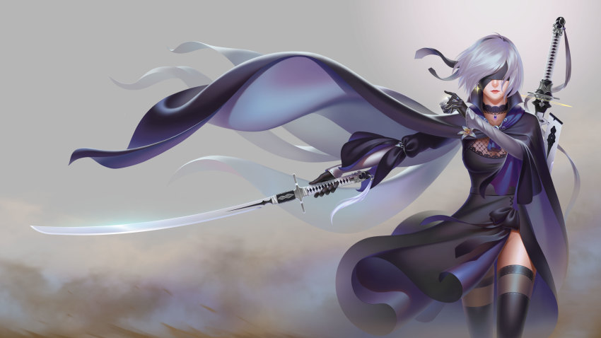 2b_(nier:automata) absurdres black_dress black_hairband blindfold boots cape choker cleavage_cutout clothing_cutout covered_eyes cube dress facing_viewer fishnet_fabric fishnets flower hairband highres holding holding_behind_back holding_sword holding_sword_behind_back holding_weapon holding_weapon_behind_back jewelry juliet_sleeves katana long_sleeves louishung mole mole_under_mouth necklace nier:automata nier_(series) puffy_sleeves solo standing sword thighhighs thighhighs_under_boots vambraces weapon wind