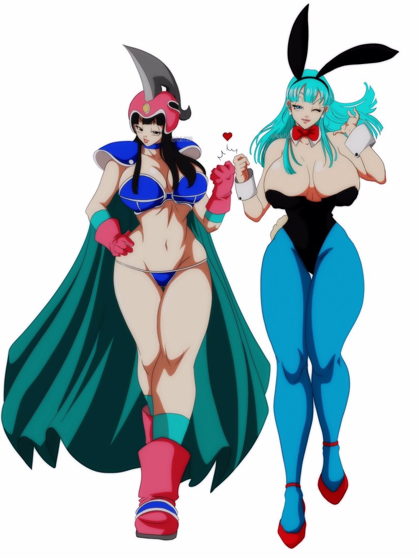 2girls black_eyes black_hair black_leotard bow bowtie breasts bulma cape chi-chi_(dragon_ball) cleavage dragon_ball dragonball_z earrings gloves highleg highleg_leotard highres huge_breasts jewelry large_breasts leotard lips long_hair looking_at_viewer multiple_girls nala1588 navel one_eye_closed pink_footwear pink_gloves playboy_bunny rabbit_ears red_bow red_bowtie red_footwear simple_background tagme thick_thighs thighs walking white_background wide_hips