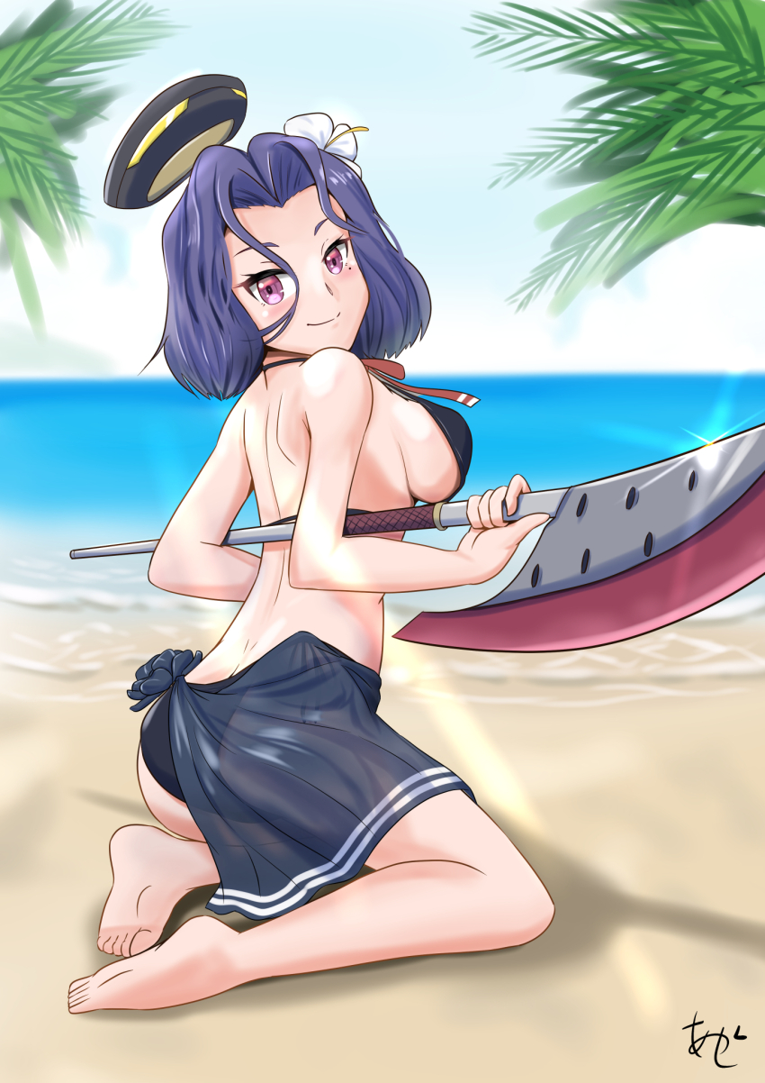 1girl akashieru artist_logo ass barefoot beach bikini black_bikini black_sarong blue_sky butt_crack cloud day dimples_of_venus from_behind glaive_(polearm) hair_between_eyes halo highres horizon kantai_collection logo looking_at_viewer mechanical_halo ocean official_alternate_costume one-hour_drawing_challenge outdoors polearm purple_eyes purple_hair sarong short_hair sky smile solo swimsuit tatsuta_(kancolle) tatsuta_(swimsuit)_(kancolle) weapon