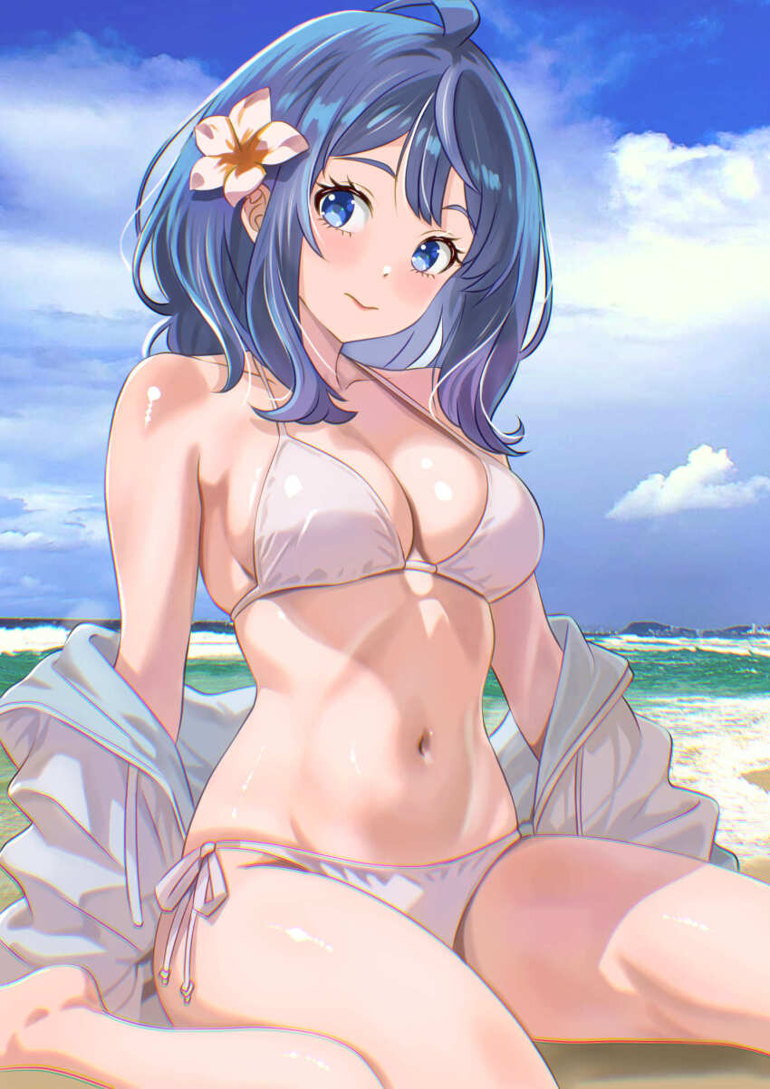 1girl ahoge beach bikini blue_eyes blue_hair blue_sky breasts cleavage closed_mouth cloud day flower hair_flower hair_ornament highres kousan make_heroine_ga_oo_sugiru! medium_breasts navel ocean outdoors side-tie_bikini_bottom sitting sky solo swimsuit wariza white_bikini yanami_anna