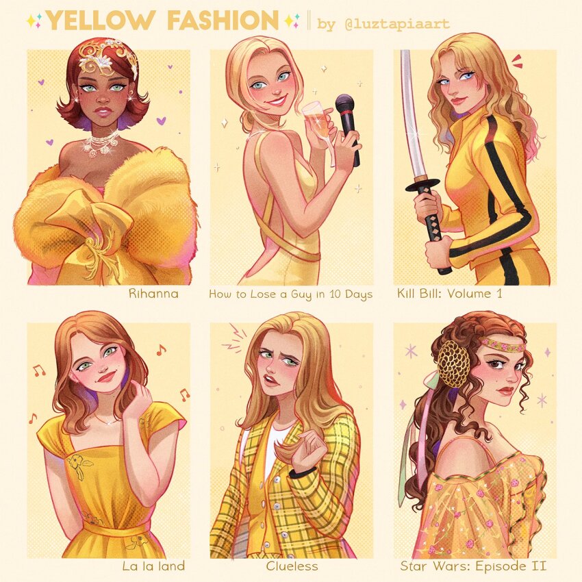 6+girls andie_anderson beatrix_kiddo blonde_hair blue_eyes breasts brown_hair character_name cher_horowitz cleavage clueless_(movie) coat commentary copyright_name curly_hair dark-skinned_female dark_skin dress english_commentary fashion headband highres holding holding_sword holding_weapon how_to_lose_a_guy_in_10_days jewelry katana kill_bill la_la_land long_hair long_sleeves looking_at_viewer luztapiaart medium_hair mia_dolan multiple_drawing_challenge multiple_girls necklace official_alternate_costume open_clothes open_coat plaid_clothes plaid_coat princess_leia real_life red_hair rihanna_fenty see-through_clothes short_hair star_wars star_wars:_revenge_of_the_sith stole sword track_suit updo vest weapon yellow_coat yellow_theme yellow_track_suit yellow_vest