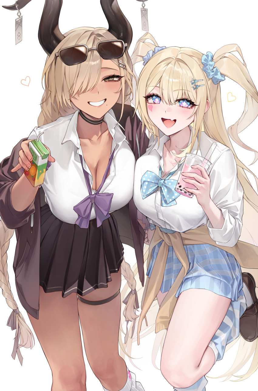 2girls alternate_costume asymmetrical_bangs azur_lane black_choker blonde_hair blue_eyes blue_scrunchie blue_skirt bow bowtie braid breasts brown_cardigan brown_footwear brown_horns brown_skirt bubble_tea cardigan cardigan_around_waist choker cleavage clothes_around_waist collared_shirt commentary cup dark-skinned_female dark_skin disposable_cup dress_shirt drinking_straw eyewear_on_head facial_mark fang grin guam_(azur_lane) gyaru hair_ornament hair_over_one_eye hairclip heart heart_facial_mark heart_tattoo highres holding holding_cup holding_juice_box horn_ornament horn_ring horns juice_box kogal large_breasts large_horns leaning_forward leg_up long_hair looking_at_viewer loose_socks low_twin_braids miniskirt mole mole_under_mouth multicolored_eyes multiple_girls off_shoulder open_cardigan open_clothes open_mouth owari_(azur_lane) partially_unbuttoned plaid_clothes plaid_skirt pleated_skirt sabotensuteeki school_uniform scrunchie shirt shirt_tucked_in skin_fang skirt smile socks star-shaped_pupils star_(symbol) striped_clothes striped_socks sweater sweater_around_waist symbol-only_commentary symbol-shaped_pupils tattoo thigh_strap tied_sweater twin_braids two_side_up very_long_hair white_background white_shirt yellow_eyes