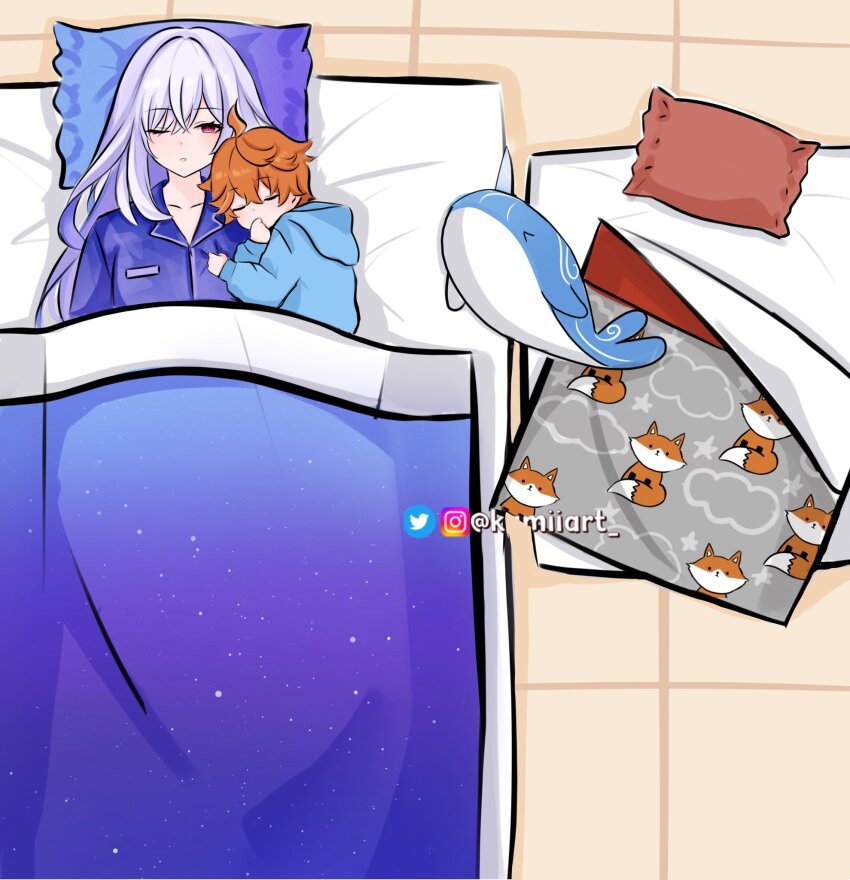 1boy 1girl aged_down artist_name blanket closed_eyes closed_mouth finger_sucking floor fox futon galaxy genshin_impact highres instagram_logo instagram_username kamiiart looking_at_viewer lying on_back one_eye_closed orange_hair pajamas pillow purple_hair red_eyes skirk_(genshin_impact) sleeping tartaglia_(genshin_impact) twitter_logo twitter_username whale