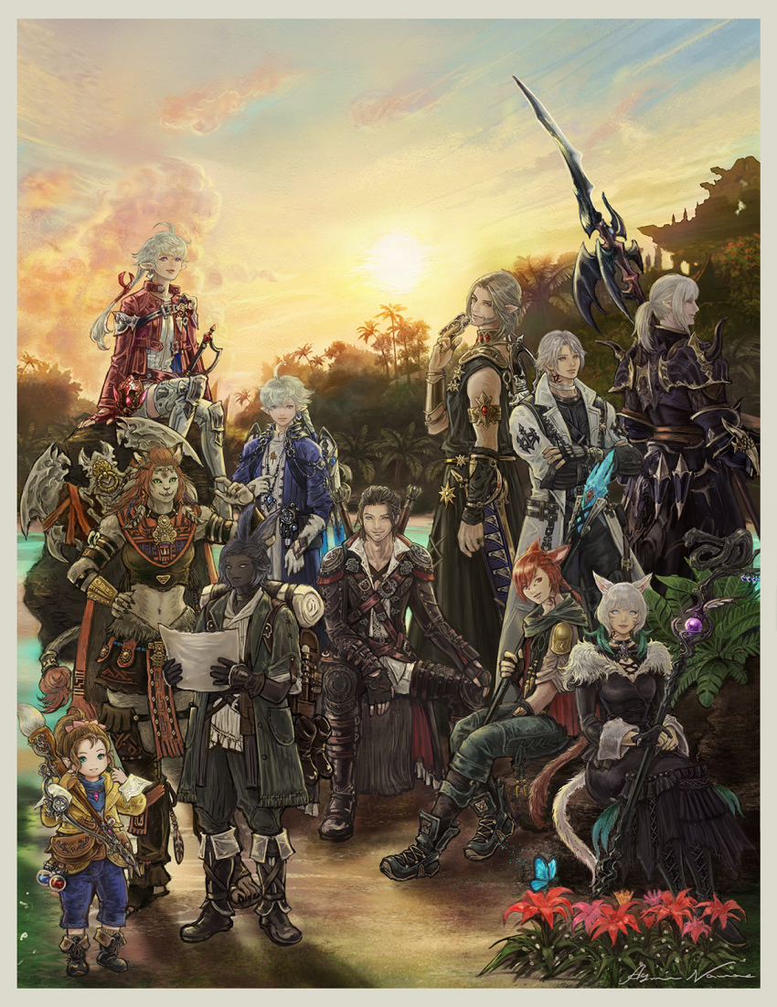 4girls 6+girls adventurer_(ff14) alisaie_leveilleur alphinaud_leveilleur animal_ears armor astrologian_(final_fantasy) backpack bag black_dress black_robe black_scarf border cat_boy cat_ears cat_girl cat_tail cloud coat crossed_arms dragoon_(final_fantasy) dress elezen elf erenville estinien_varlineau final_fantasy final_fantasy_xiv flower g&#039;raha_tia gradient_sky green_coat group_picture highres holding holding_map holding_paintbrush holding_staff hrothgar hyur krile_baldesion_(ff14) lalafell lance leaf looking_at_viewer map miqo&#039;te multiple_girls namae_ayumi official_art on_rock outdoors paintbrush pauldrons pictomancer_(final_fantasy) pointy_ears polearm red_flower robe rock scarf scenery short_hair shoulder_armor signature sitting sky smile staff standing sun sunset tail thancred_waters urianger_augurelt viera viper_(final_fantasy) warrior_of_light_(ff14) weapon weapon_on_back white_border white_coat wuk_lamat y&#039;shtola_rhul yellow_sky