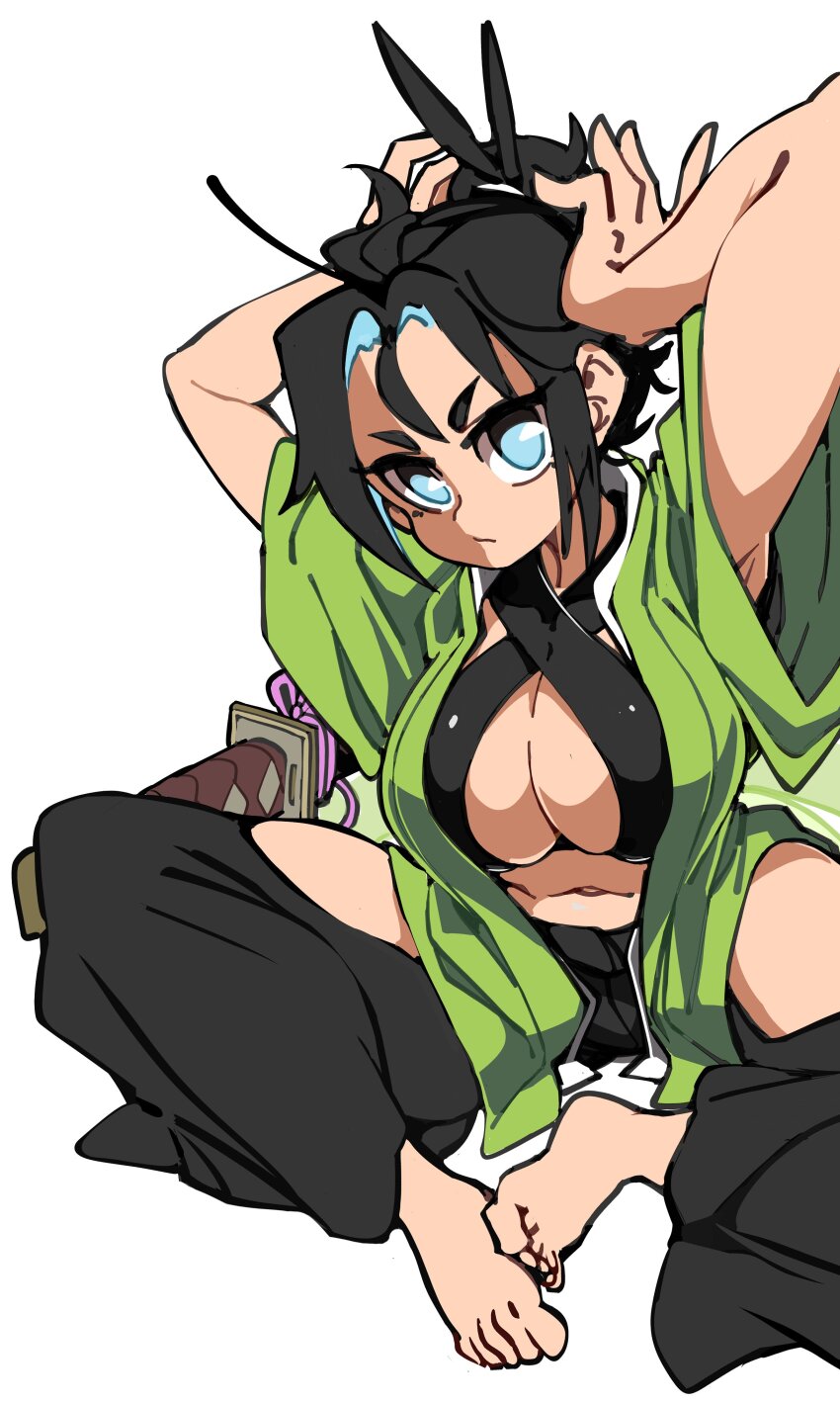 1girl absurdres adjusting_hair arms_up barefoot black_hair blue_eyes blue_hair bongfill borrowed_character breasts cleavage closed_mouth colored_inner_hair highres large_breasts looking_at_viewer multicolored_hair original sheath sheathed short_sleeves simple_background sitting solo sword weapon white_background