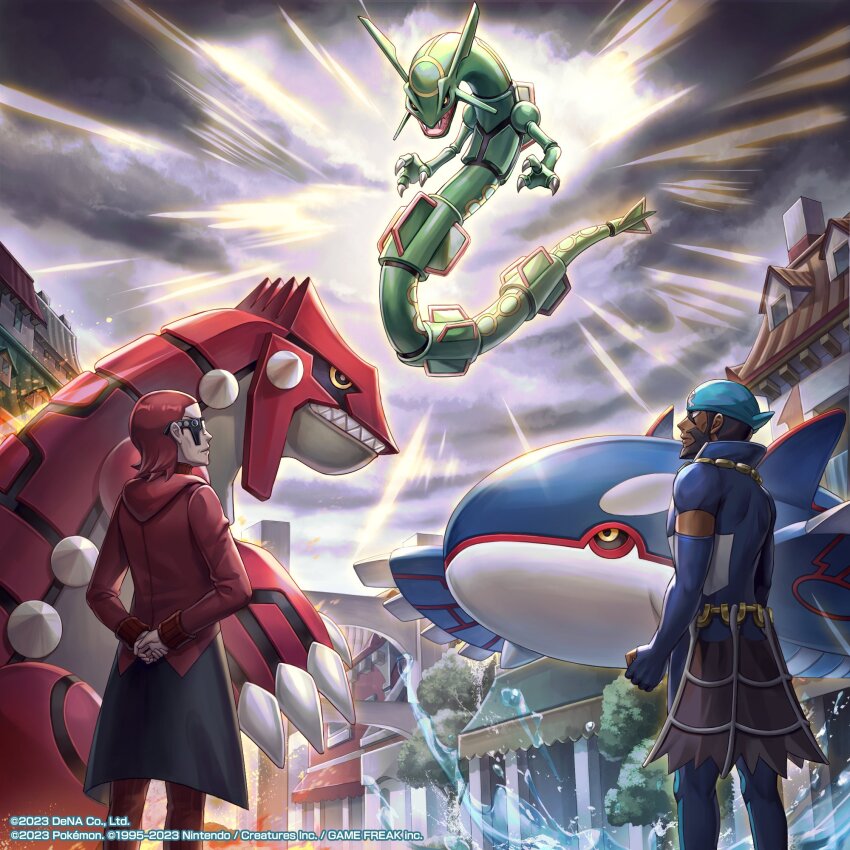 2boys archie_(pokemon) arms_behind_back bandana beard belt blue_bandana bodysuit building claws cloud cloudy_sky coat commentary creatures_(company) dark-skinned_male dark_skin diving_suit dragon eastern_dragon facial_hair game_freak gen_3_pokemon groudon highres kyogre legendary_pokemon looking_up male_focus maxie_(pokemon) multiple_boys nintendo official_art outdoors pokemon pokemon_(creature) pokemon_masters_ex pokemon_oras rayquaza sky standing team_aqua team_magma waist_cape water watermark wetsuit