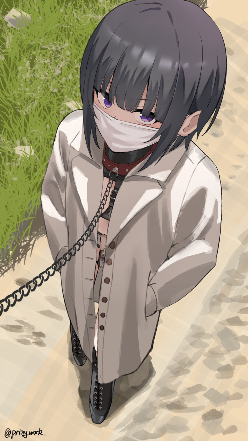 1girl absurdres arms_behind_back ballet_boots bdsm bitch_taken_for_walk bondage bound chain chain_leash chastity_belt coat collar commission female_focus grey_hair harness highres idolmaster idolmaster_cinderella_girls implied_other leash mask mouth_mask outdoors prixy restrained shirayuki_chiyo skeb_commission slave solo surgical_mask